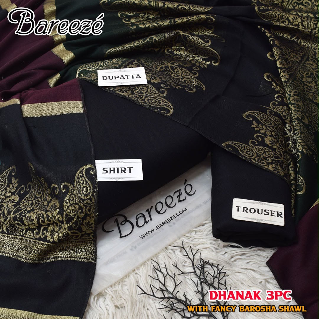 Black Dhanak Wool 3-Piece Suit with Brosha Shawl