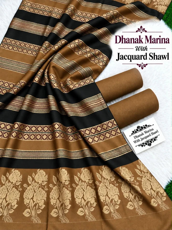 Dhanak wool 3 PC Flower 3D Brosha Shawl-Camel