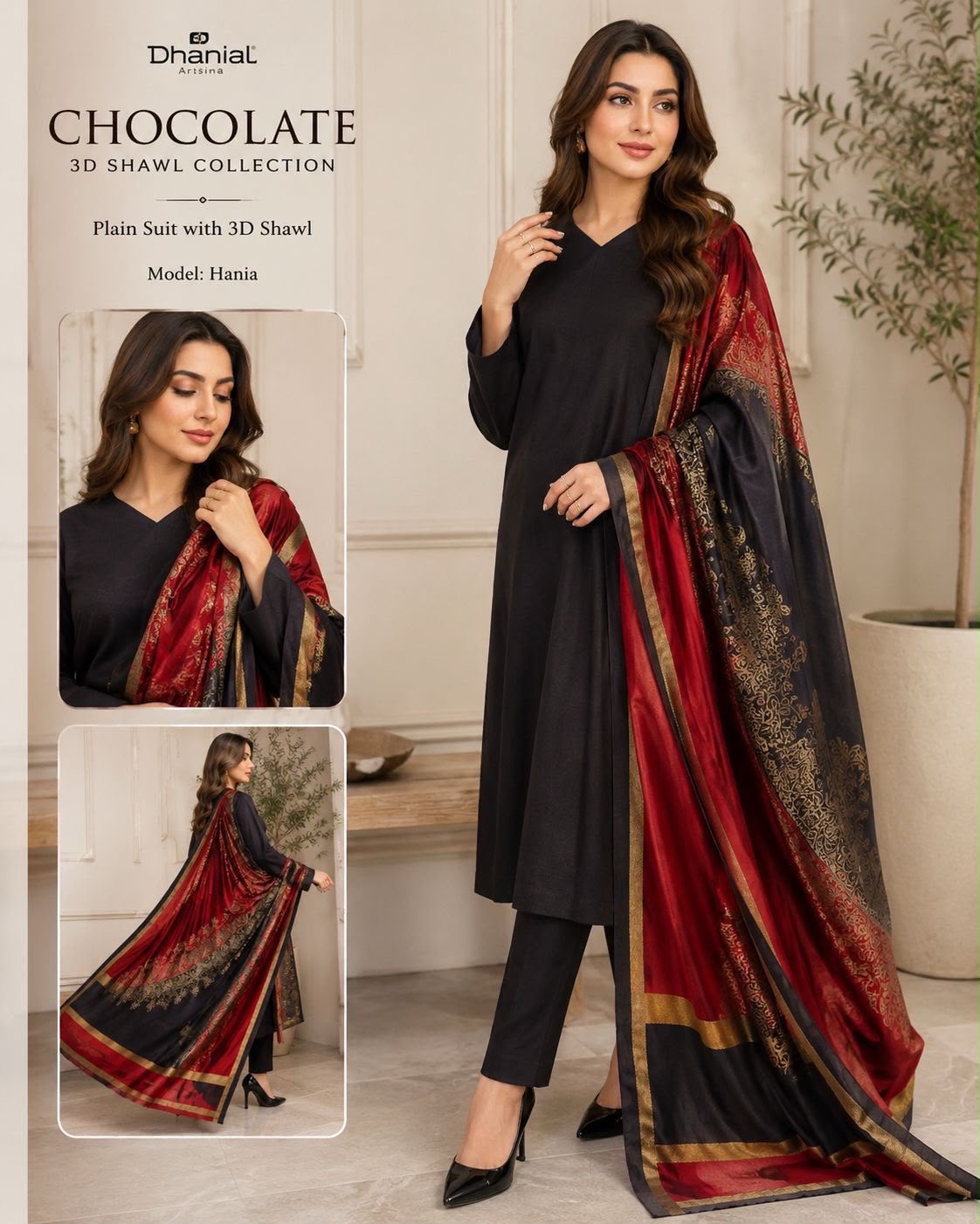 Black Dhanak Wool 3-Piece Suit with Brosha Shawl