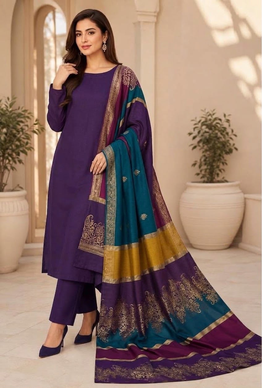 Plum Dhanak Wool 3-Piece Outfit with Brosha Shawl