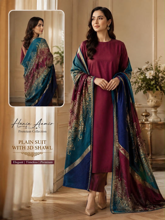 Maroon 3-Piece Dhanak Wool Outfit with Brosha Shawl