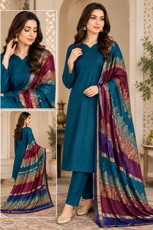 Dhanak Wool 3-Piece Suit with Brosha Shawl - Zinc