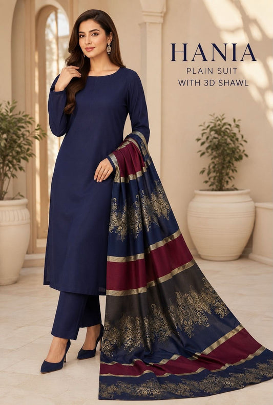 Navy Dhanak Wool 3-Piece Outfit with Brosha Shawl