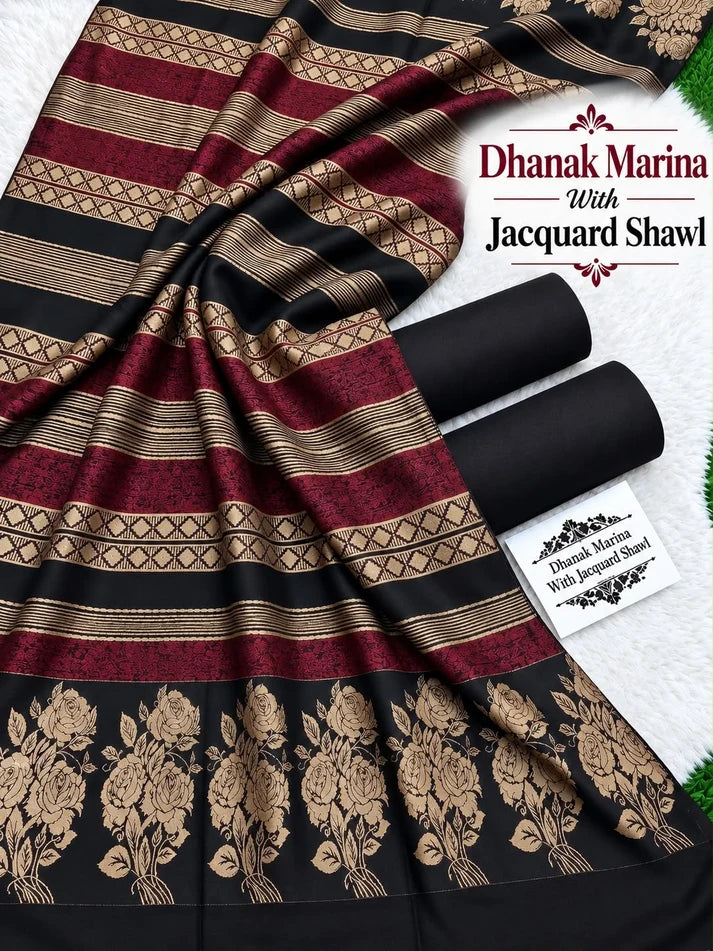 Dhanak wool 3 PC Flower 3D Brosha Shawl-Black