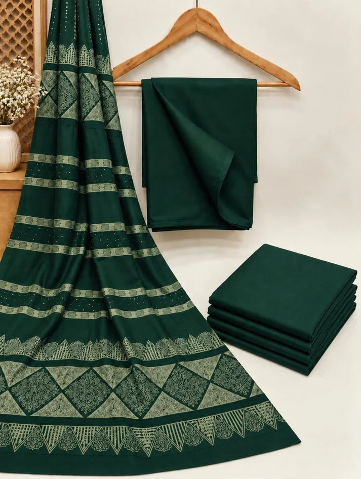Dhanak wool 3 PC with Brosha Square strips same Shawl-Green