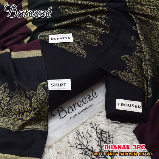 Black Dhanak Wool 3-Piece Suit with Brosha Shawl