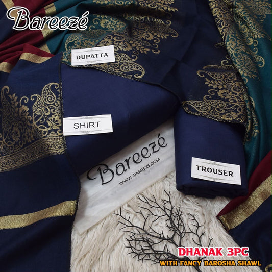 Navy Dhanak Wool 3-Piece Outfit with Brosha Shawl