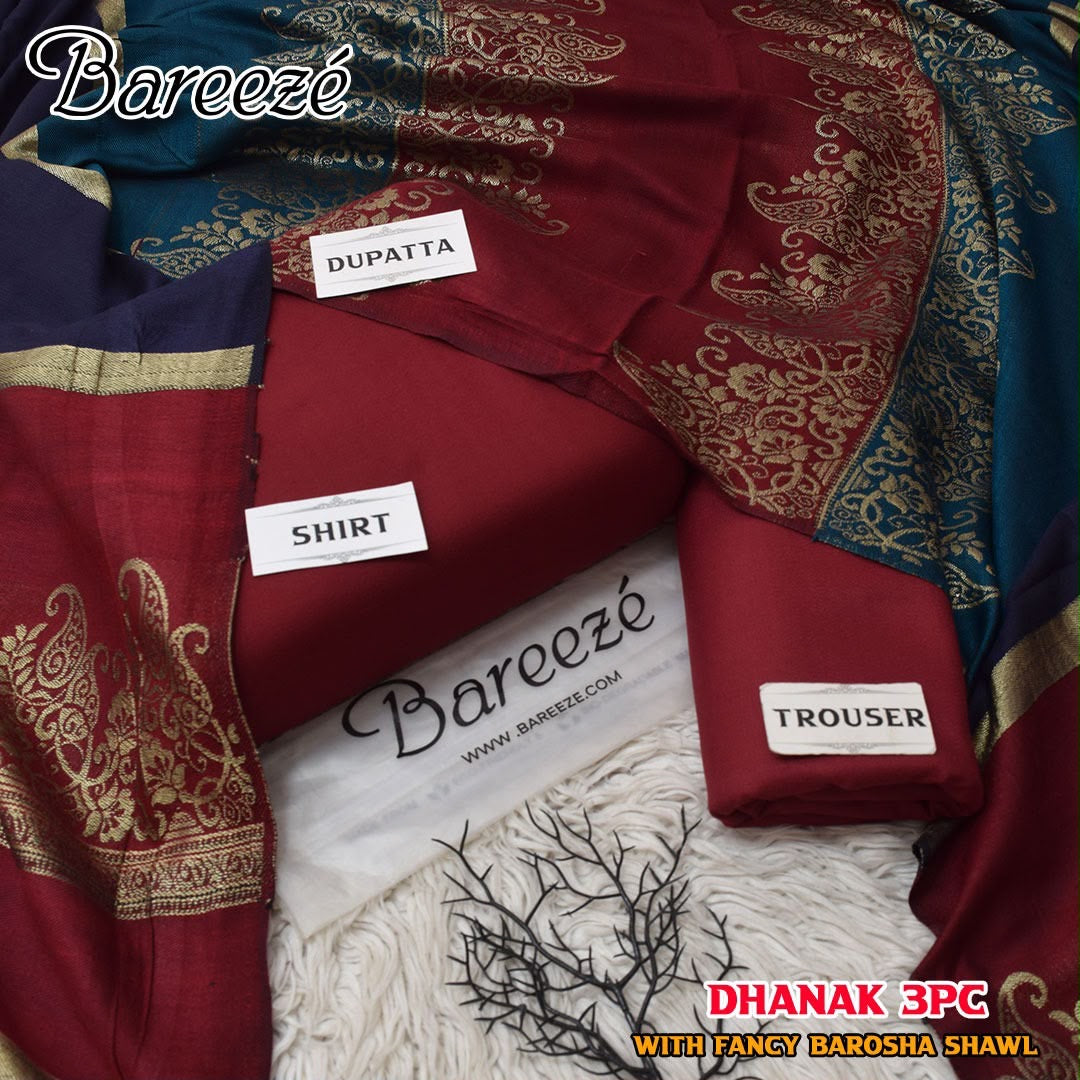 Maroon 3-Piece Dhanak Wool Outfit with Brosha Shawl